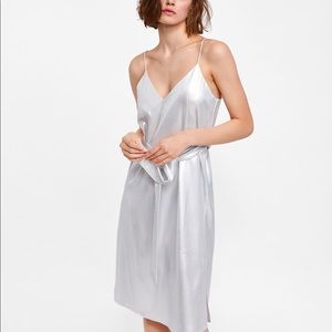 NWT Zara Silver Metallic Satin Camisole Slip Dress